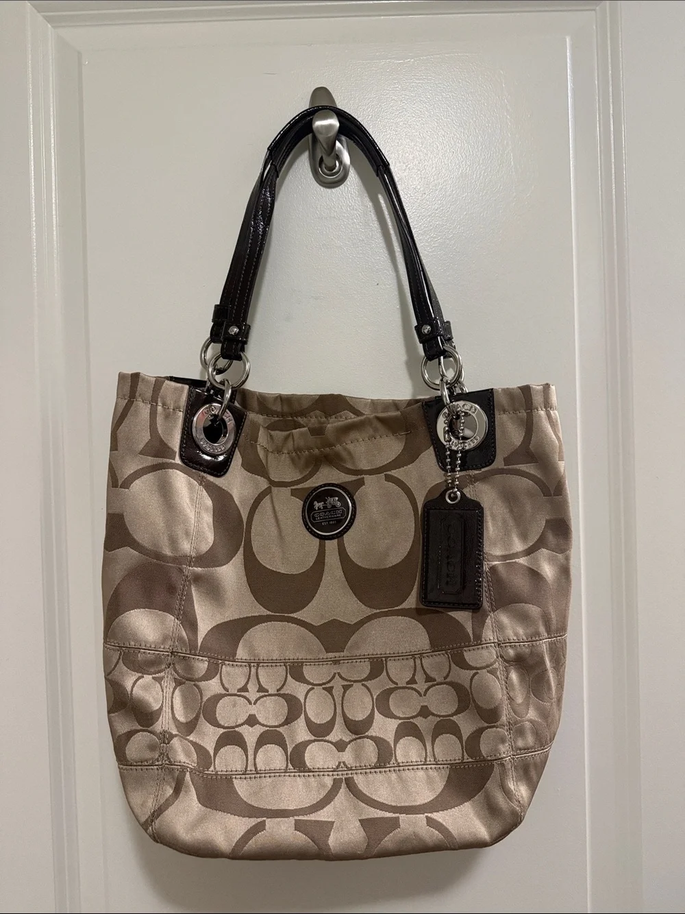 Coach Beige and Brown Signature Tote with Dark Brown Leather Handles